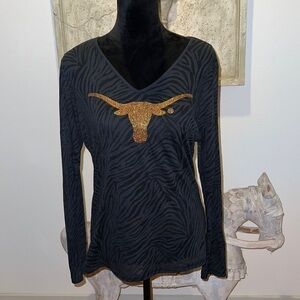 G3 for her by Alyssa Milano black long sleeve sheer top Longhorn bling front XL
